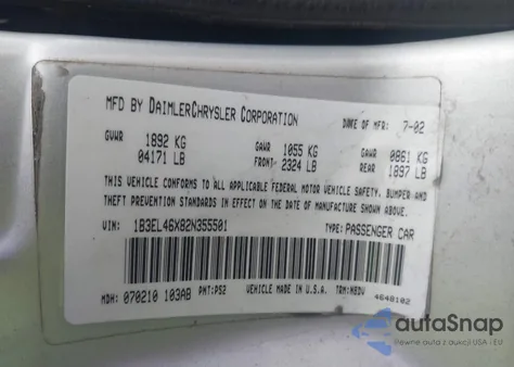 2002 Dodge Stratus Se Plus из США, поврежденный, VIN 1B3EL46X82N355501